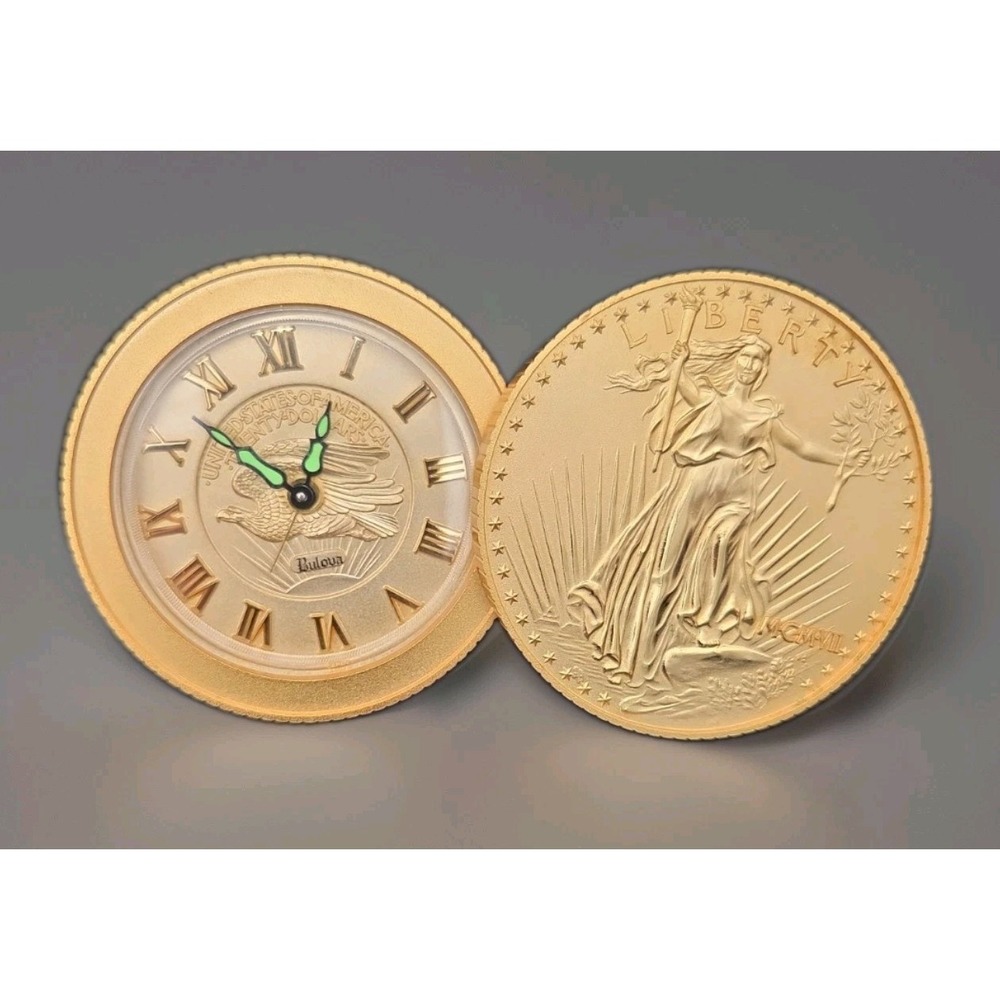 Vintage Bulova Gold Coin Stack Mechanical Alarm Clock Saint-Gaudens Working